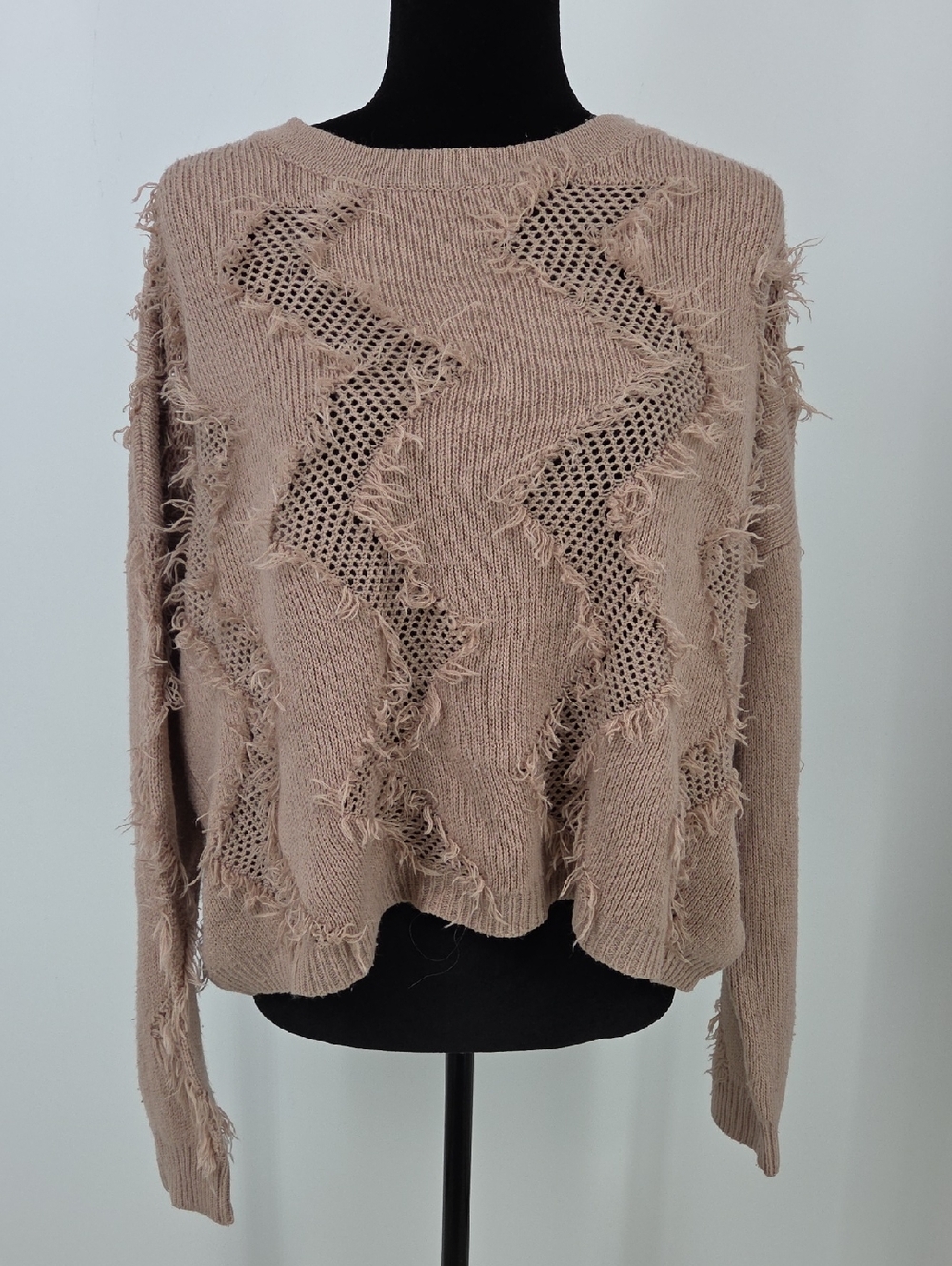 Charlotte Russe Fringed Open-Knit Crewneck Sweater - Taupe